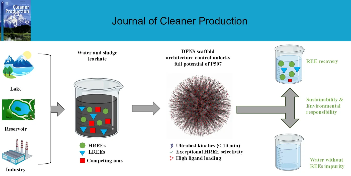 Rare earths in water and sludge leachate from lakes, reservoirs and industry, pH 1.5 to 5.0, separated on a P507-loaded dendritic fibrous nanosilica scaffold — giving recovered heavy rare earths and water free of rare-earth impurity.