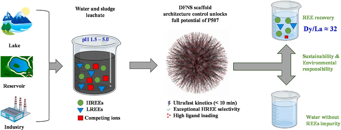 Rare earths in water and sludge leachate from lakes, reservoirs and industry, pH 1.5 to 5.0, separated on a P507-loaded dendritic fibrous nanosilica scaffold — giving recovered heavy rare earths and water free of rare-earth impurity.