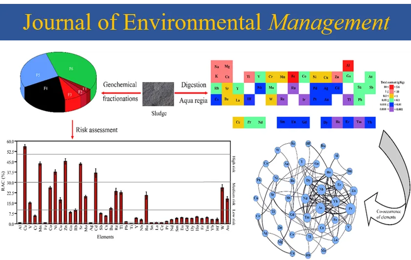 Sewage sludge digested and split by sequential extraction into six geochemical fractions, mapped across the periodic table by total content, scored by risk assessment code, and plotted as a co-occurrence network of elements.